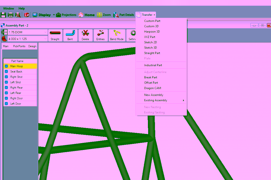 alt=Image of an integrated transfer in the Bend-Tech Dragon CAD Software