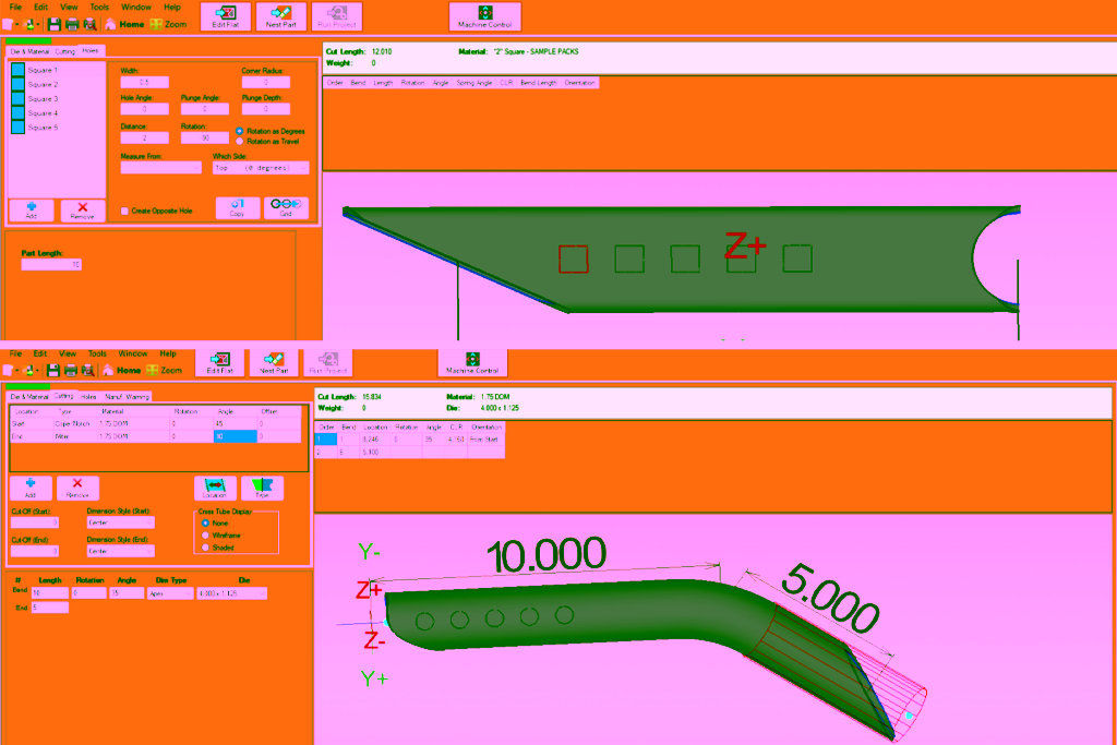 alt=Image of the single and bent part designer in the Bend-Tech Dragon CAM Software
