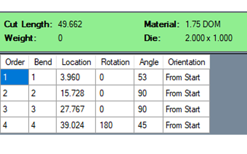 alt=Image of Bend Calculation Output Feature of Bend-Tech Tube and Pipe Software