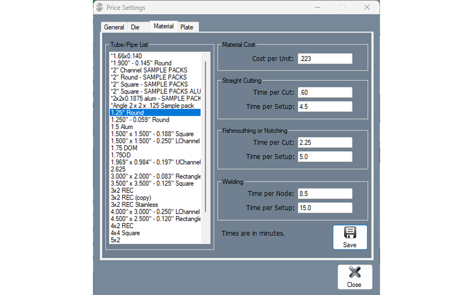 alt=Image of Pricing Setting Feature of Bend-Tech Tube and Pipe Software