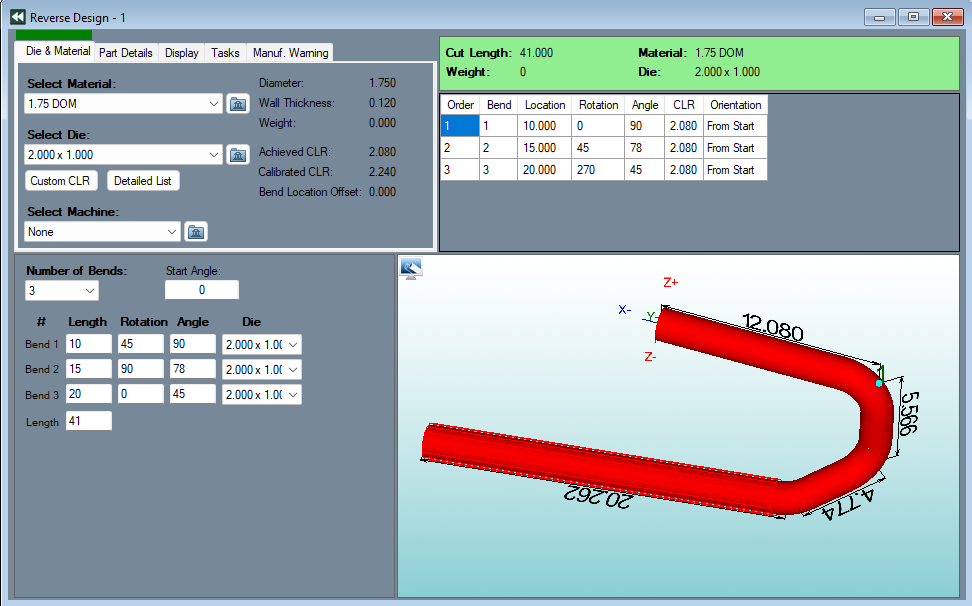 alt=Image of Reverse Design Feature of Bend-Tech Tube and Pipe Software