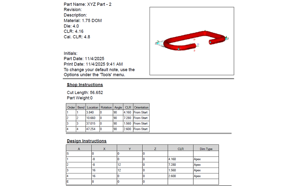 alt=Image of Shop Instructions Feature of Bend-Tech Tube and Pipe Software